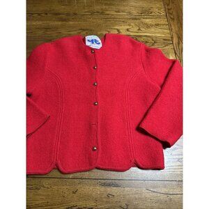 Vintage 70's 80's Sweater Women Red 100% Boiled Wool  Cardigan Medium P28